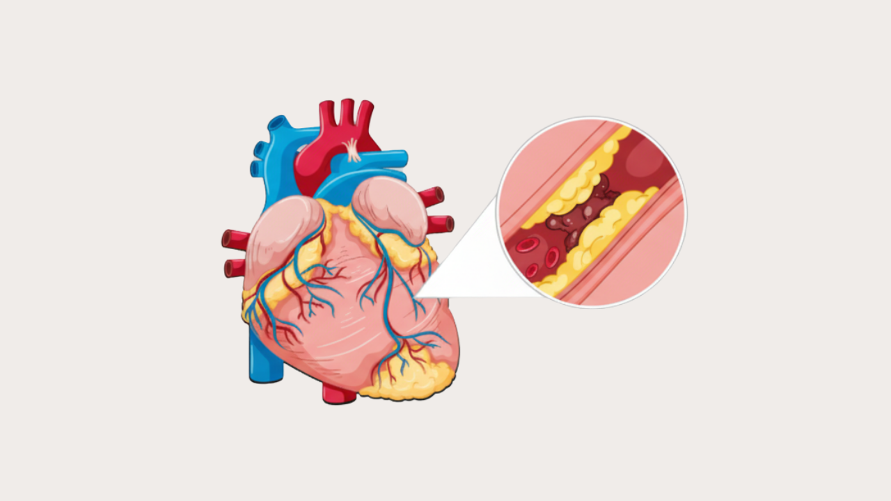 Ilustração do processo de aterosclerose em uma artéria coronária, com placa de gordura e um coágulo bloqueando o fluxo de sangue.