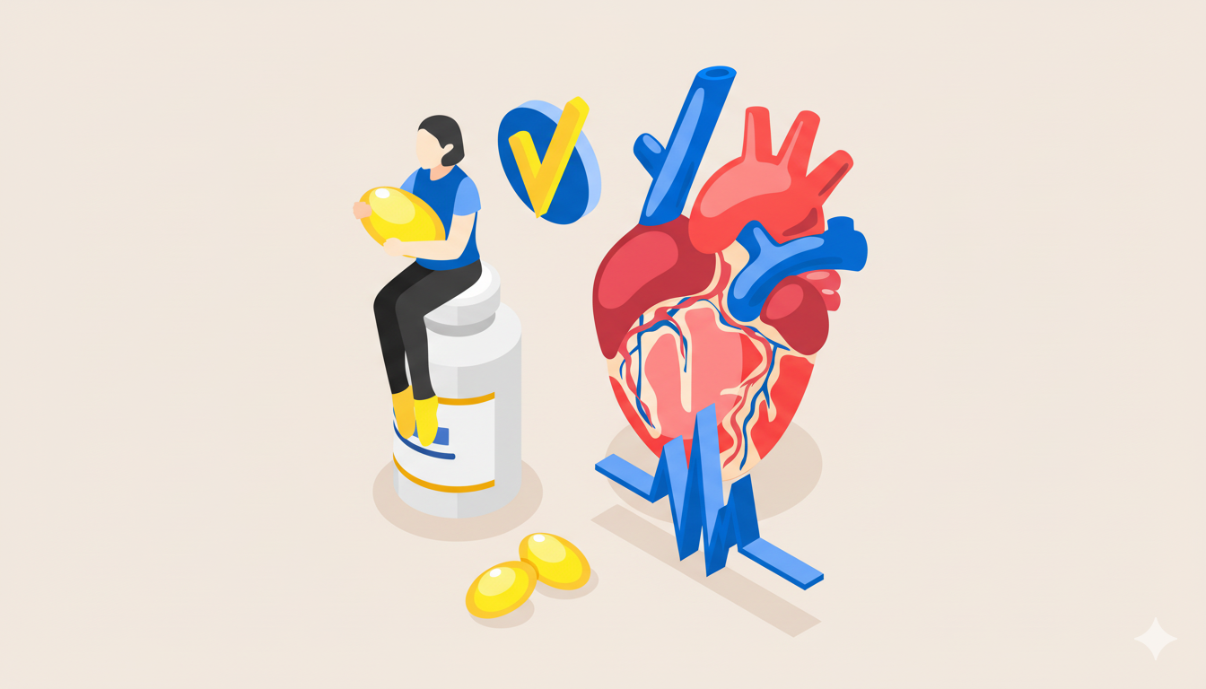 Ilustração de pessoa segurando medicamento ao lado de um coração estilizado, representando o tratamento da insuficiência cardíaca.